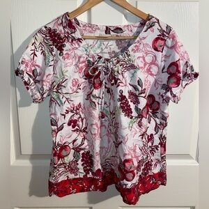 Women’s 100% Linen Short Sleeve Top, Fun Whimsical Fruit Print